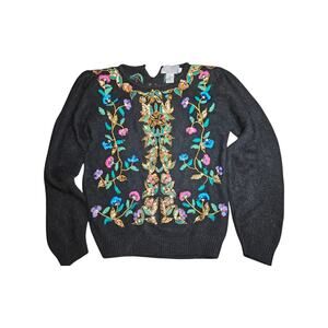 Vintage 80s womens long sleeve knit sweater embroidered flowers sequins